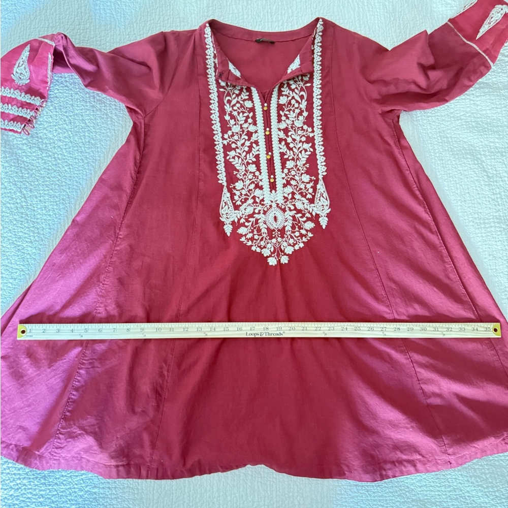 Sapphire Burgundy Cotton Tunic Top Gold Embroidery Long Sleeved‎ Dress - Picture 4 of 13